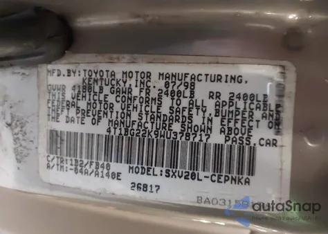 1998 Toyota Camry Le из США, поврежденный, VIN 4T1BG22K9WU378717